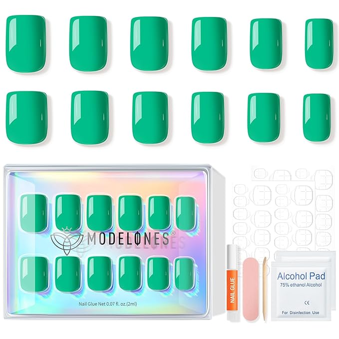 Modelones Green Press on Nails, Saint Parik's Day Short Square Fake Nails, Summer Spring Reusable Nail Kit with Nail Glue Adhesive Tabs Mini Nail File, Nails Press Ons 32Pcs16 Sizes, Women Girl Gift