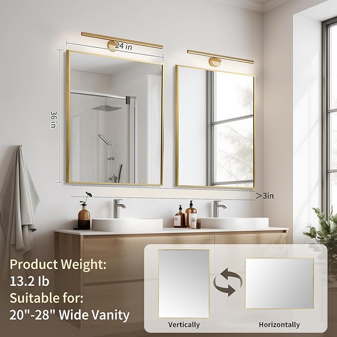 Brushed Gold Mirror, 24x36 Inch Aluminum Framed Square Corner Wall Mirror for Over Sink, Vanity, Horizontal/Vertical