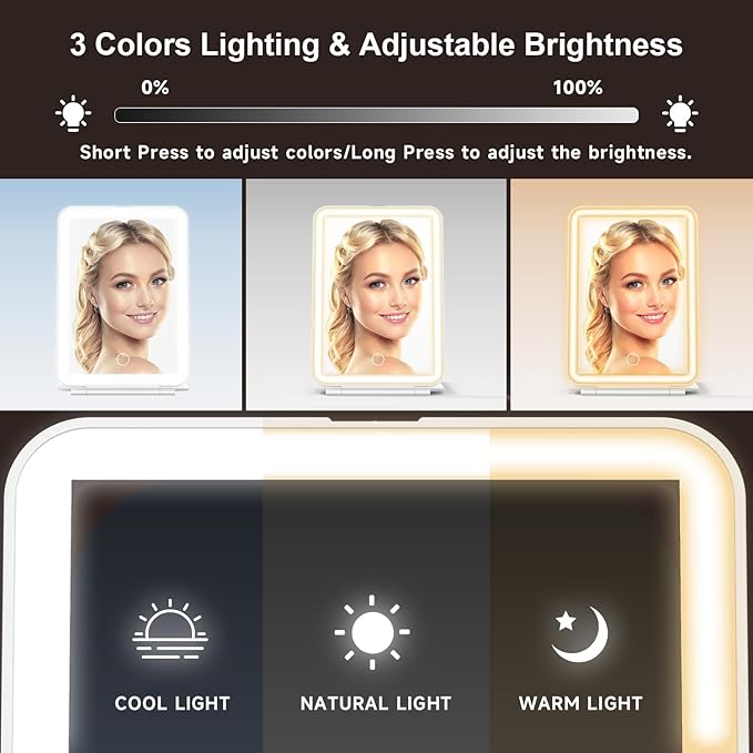 Mocado LED Foldable Travel Makeup Mirror - 5x7 inches 3 Colors Light Modes USB Rechargeable Touch Screen, Portable Tabletop Cosmetic Mirror for Travel, Cosmetic, Office (White)