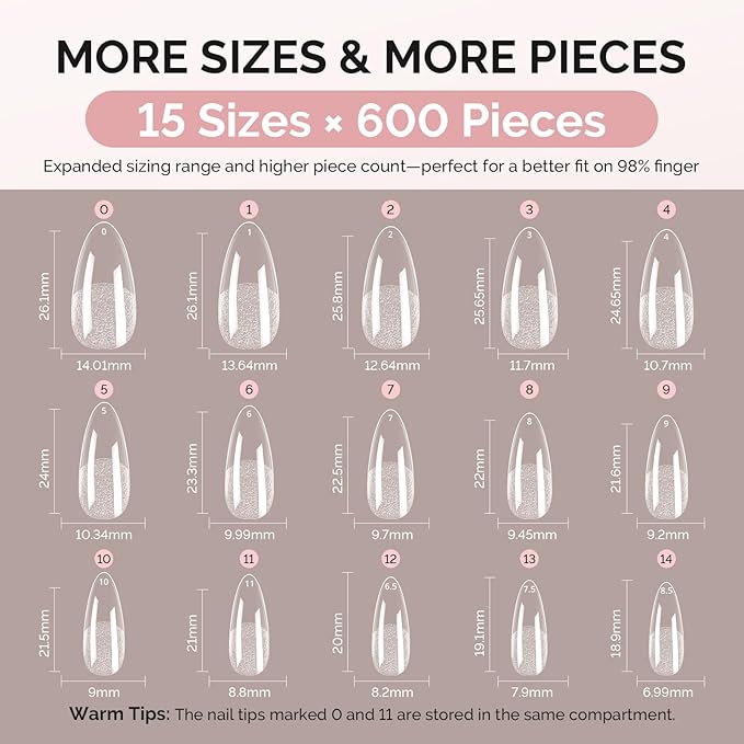 MelodySusie Medium Almond X Nail Tips - 600Pcs 15 Sizes Clear Acrylic, Half Matte Full Cover Press on Nails for DIY Extension & Salon Use, Pre-Shaped for Long-Lasting Manicure, Fall Winter Nails