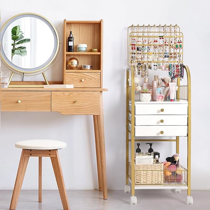 Keebofly Large Jewelry Organizer Stand with 3 Box Drawer - Necklace Organizer Earring Storage Armoire Holder with Display for Earring Necklace Ring Bracelet Gold