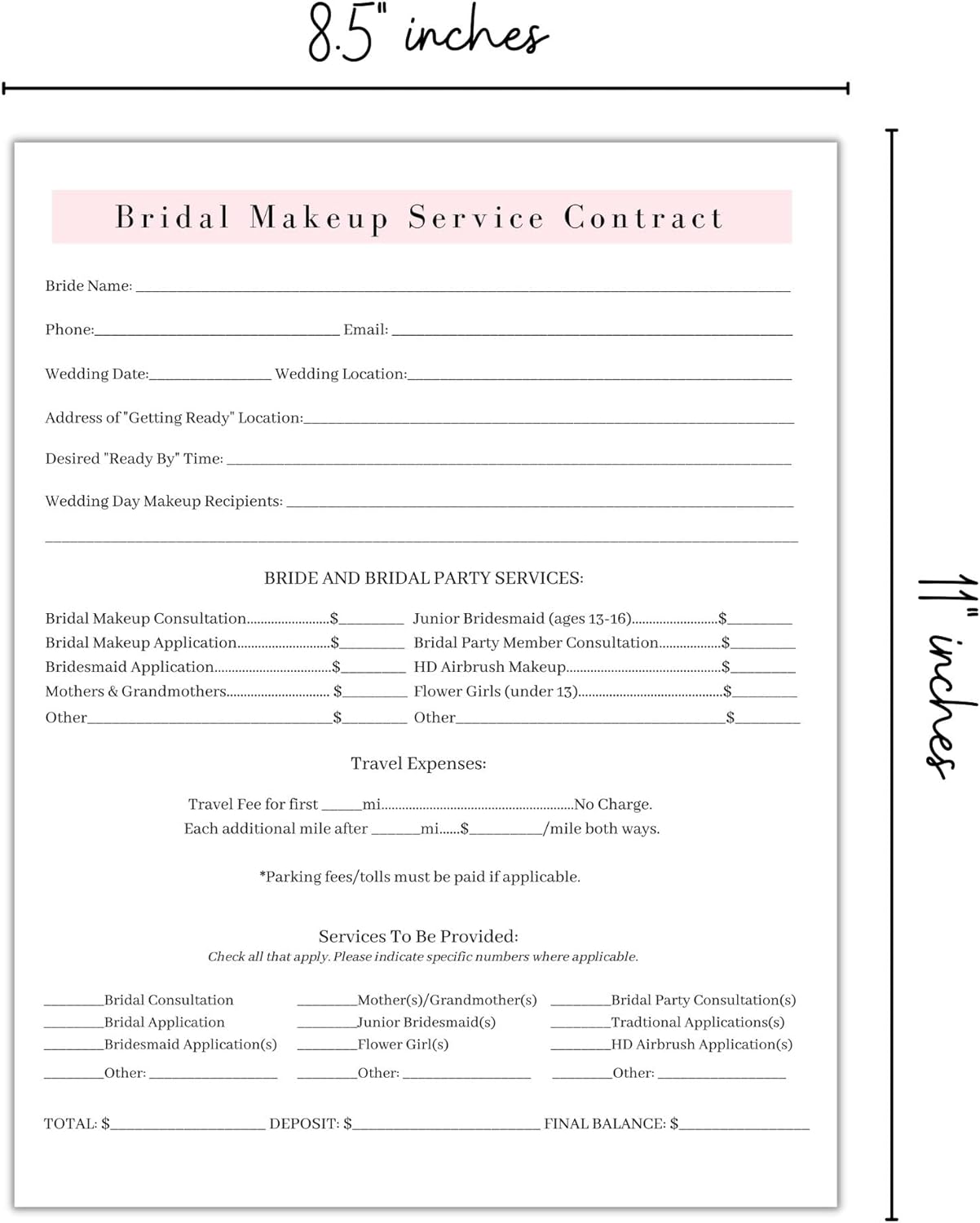 Bridal Makeup Service Contract | 100 Pack | 8.5 x 11" A1 Forms | Makeup Artist Supplies | Bridal Contract | White and Pink Forms