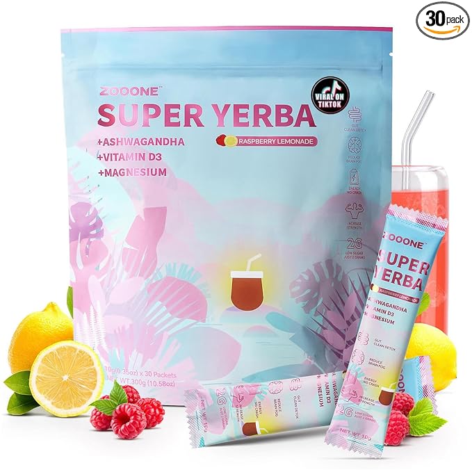 ZOOONE Super Yerba Mate tea Instant Powder 30 Packets- Raspberry Lemonade Flavor | Servings Clean Energy & Focus Boost Brain Fog Buster| Gut Support, Antioxidants