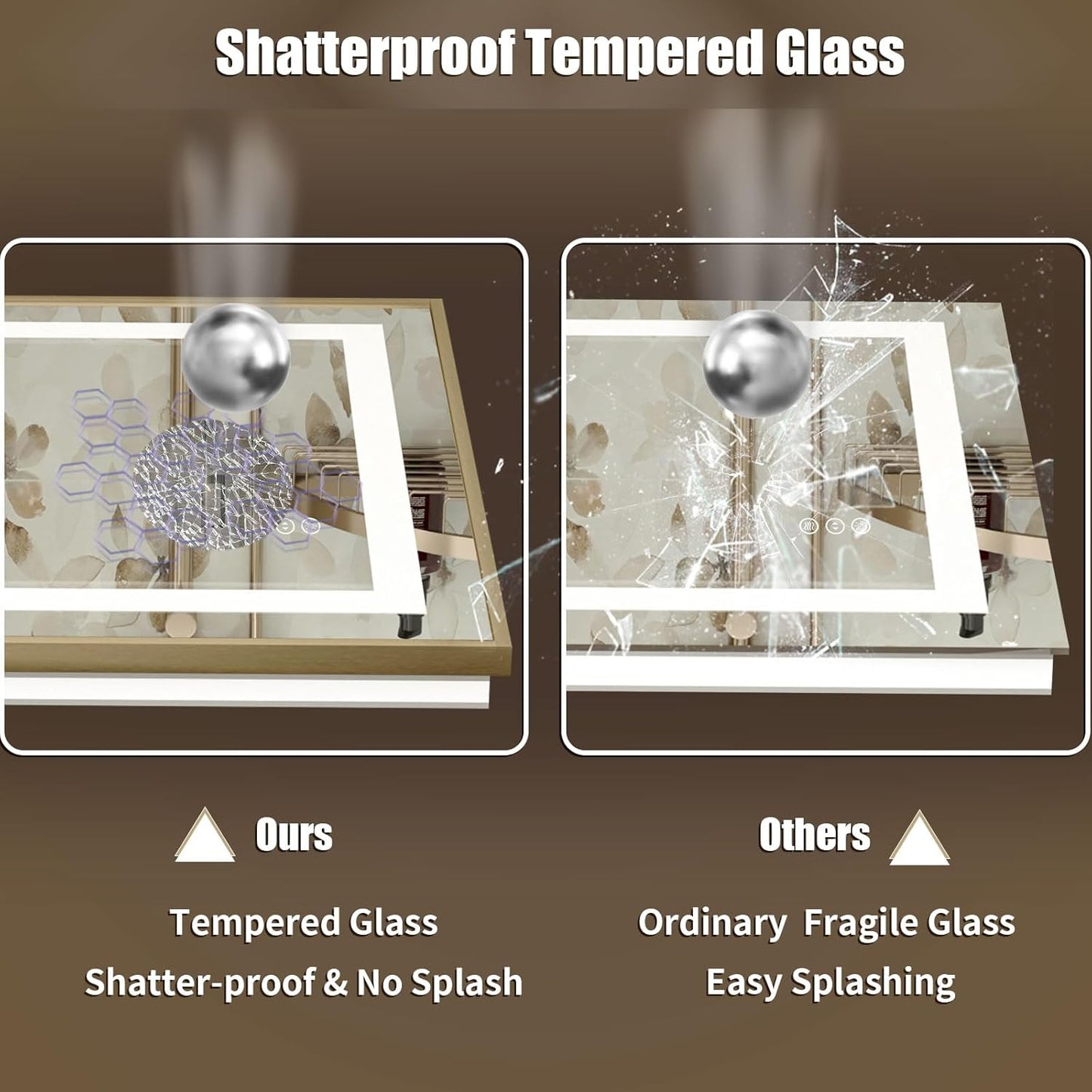 OKPAL 48x40 Gold LED Mirror for Bathroom with Frontlit & Backlit, Metal Framed Lighted Bathroom Mirror with Lights, Anti-Fog, Dimmable 3 Colors, Shatterproof, Horizontal/Vertical