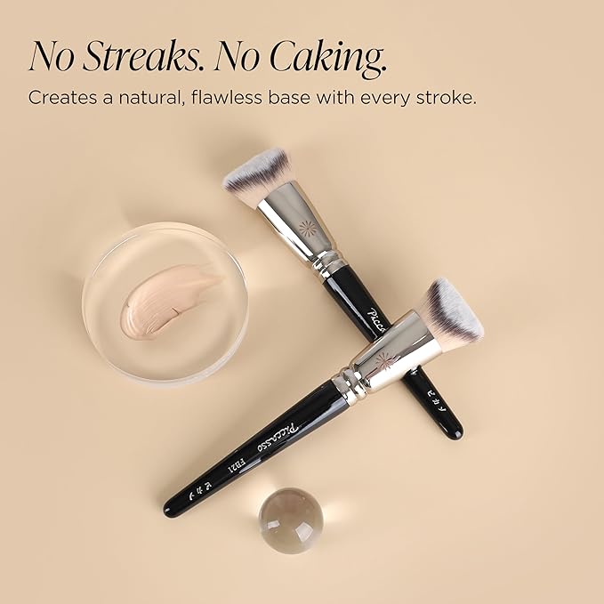 Piccasso FB21 Foundation Brush - Professional V-Cut Angled Makeup Brush for Liquid & Cream - Seamless Flawless Finish K-Beauty Face Brush - High Coverage, No Streaks, Durable Synthetic Hair