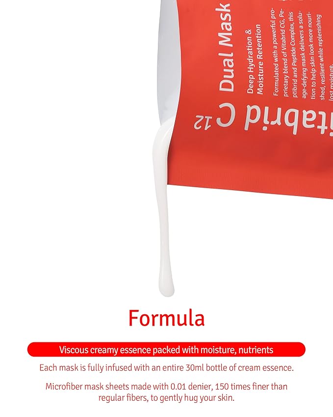 Dual Mask Korean Face Mask for Anti Aging, Firming, Hydrating, Nourishing with Highly Concentrated Peptide, Vitamin C Essence - Hypoallergenic Microfiber Sheet, 1.02 fl.oz. 5 Sheets