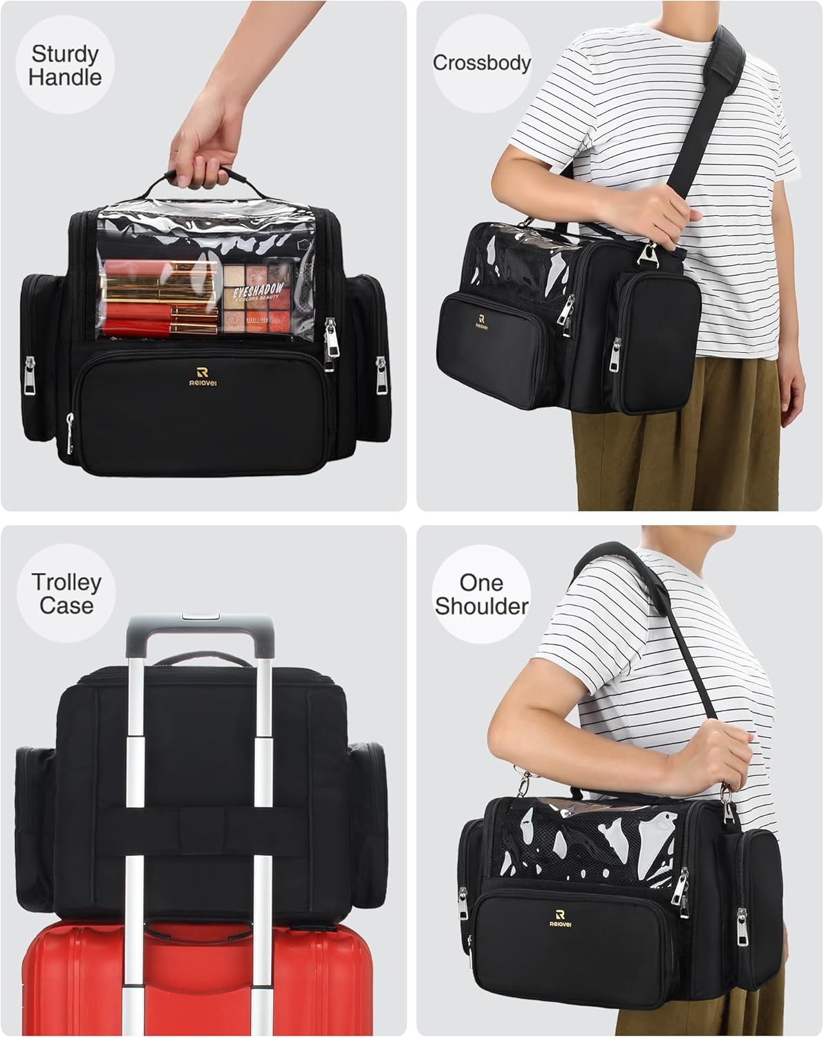 Makeup Brush Bag, Clear Makeup Brush Holder with Lid, Extra Large Capacity Travel Cosmetic Bag Makeup Artist Must Haves, Black Makeup Case, Make Up Organizers and Storage, with Adjustable Dividers