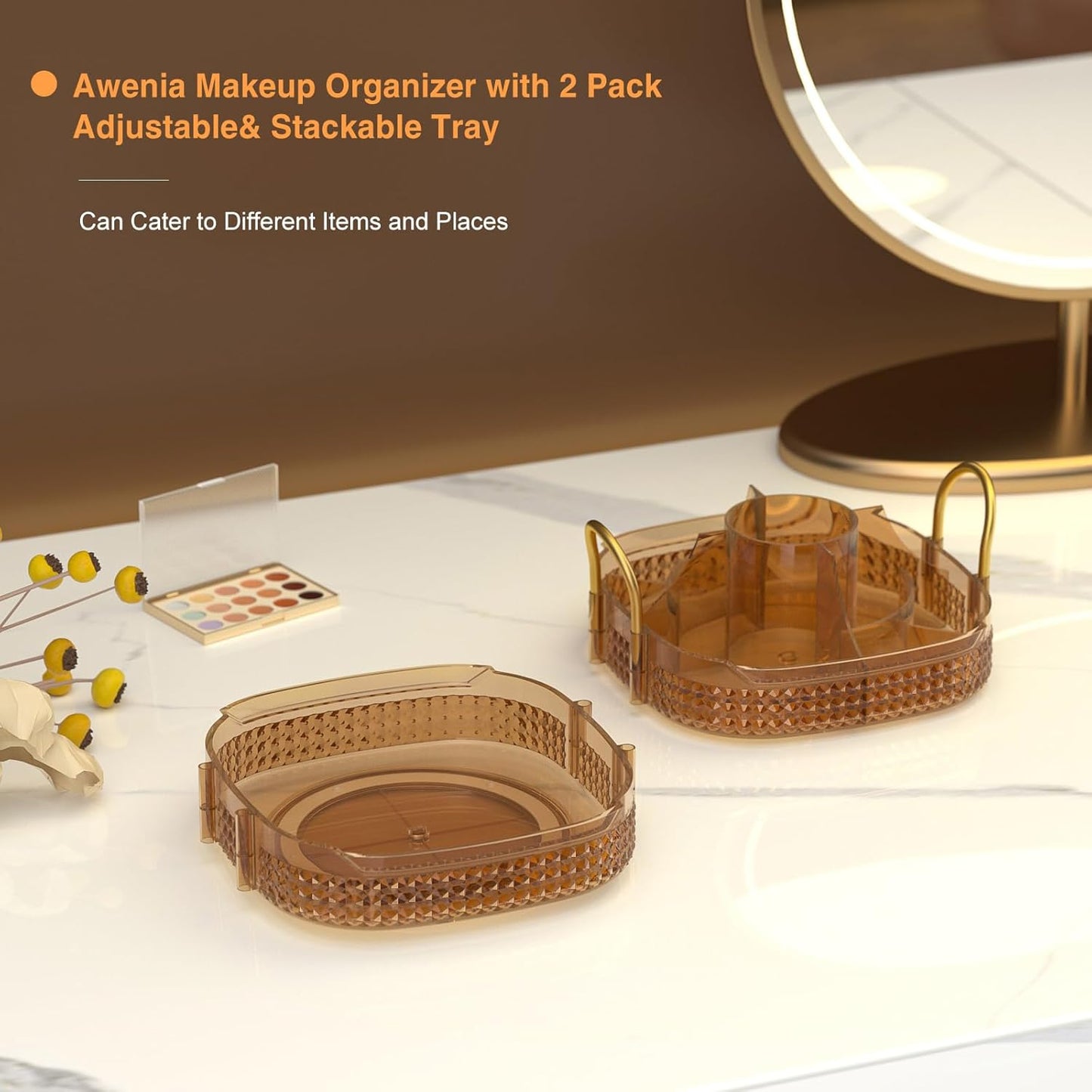 Awenia Rotating Makeup Organizer 360, Stackable Adjustable Large Capacity Cosmetic Storage Unit,Dresser Bathroom Kitchen Countertop Organizer with Metal Handle, Plus Size (Honorable Gold, 2 Tier)