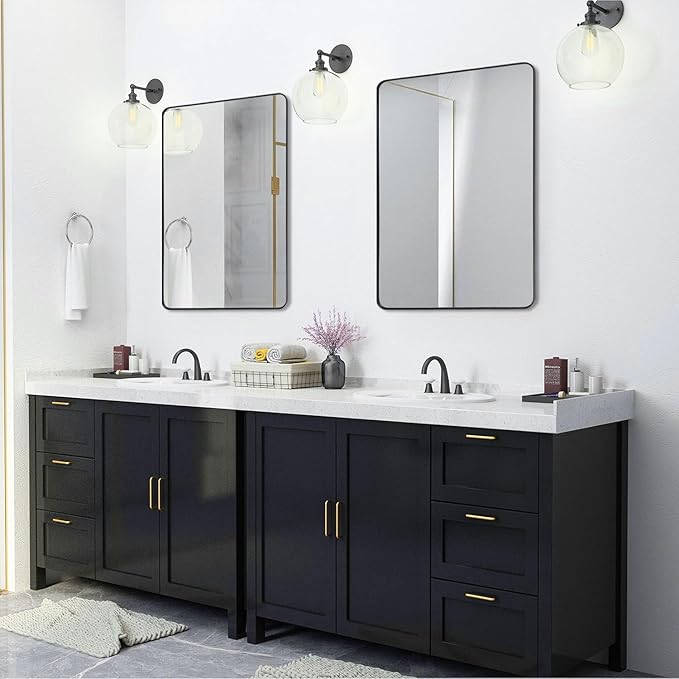 Black Metal Framed Bathroom Mirror for Wall, Large Brushed Matte Black Rounded Corner Rectangular Bathroom Vanity Mirror, Anti-Rust, Tempered Glass (28" x 36", Black)
