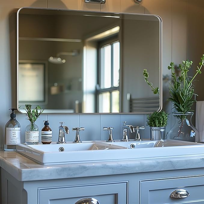 ANDY STAR Chrome Mirror for Bathroom, 30x36 Metal Frame Wall Mirror with Rounded Corner, Modern Rectangle Bathroom Vanity Mirror with Polish Finish
