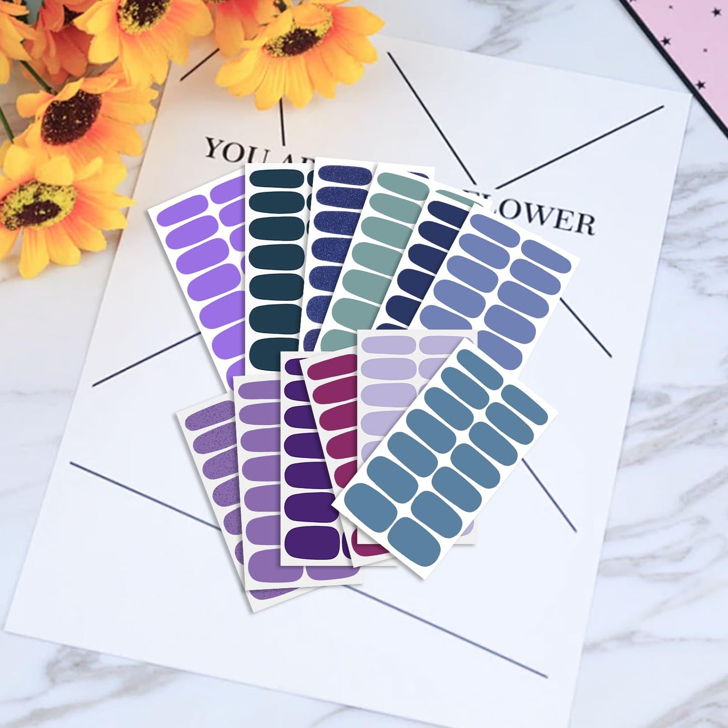 WOKOTO 20 Sheets Blue Gel Nail Wraps for Women - Blue Series Glitter Solid Nail Polish Stickers Stick On Nails Polish Strips Gel Nail Strips Self Adhesive Fingernail Stickers for Nails with File