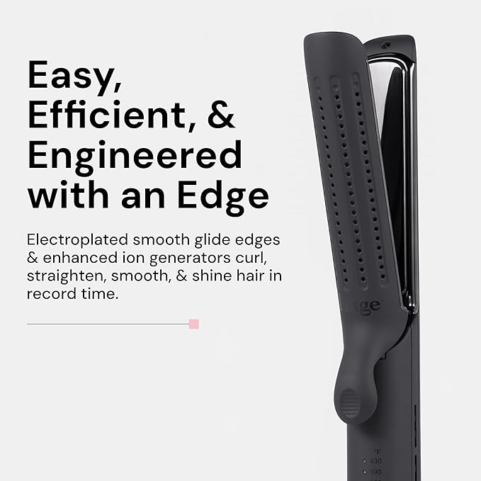 L'ANGE HAIR Le Duo Edge 360° Airflow Titanium Styler Blush | 2-in-1 Flat Iron Straightener & Curling Iron | 1” Wide Titanium Plates with Rounded Corners & Softly Beveled Edges (Black)