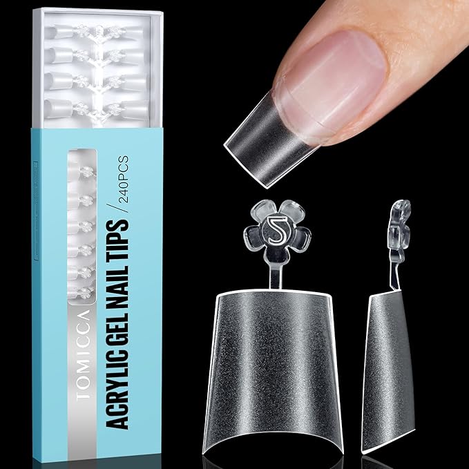 TOMICCA Short Coffin Nail Tips, Acrylic Half Cover Nail Tips Coffin 240Pcs, No C Curve Full Matte Gel Nail Short, Nail Extension Tips for Beginner and Professional 12 Sizes