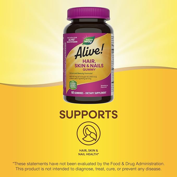 Nature's Way Alive! Hair, Skin & Nails Gummy Supplement, Advanced Beauty Formula*, with Collagen 100 mg & Biotin 2500 mcg per 2-gummies, Strawberry Flavored, 60 Gummies (Packaging May Vary)