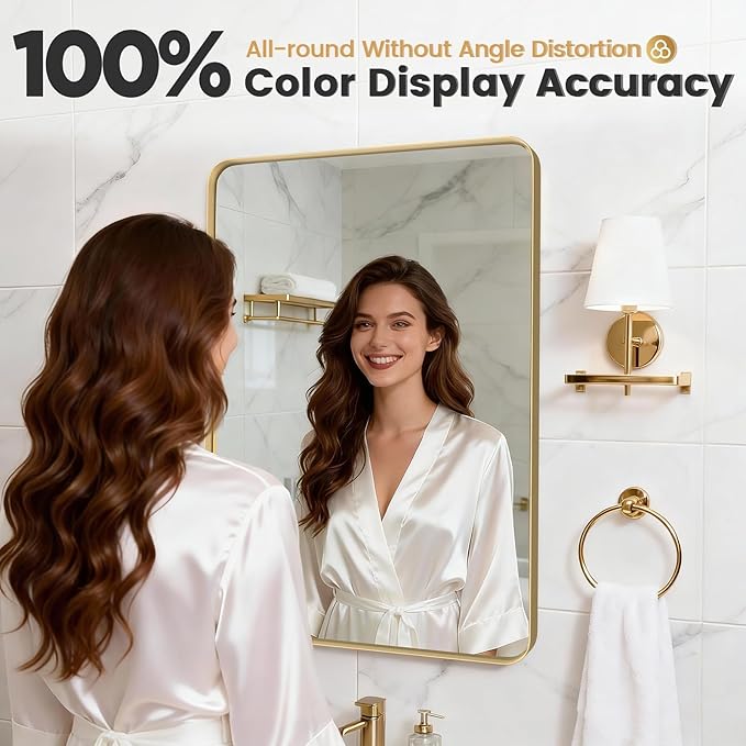 24X32 Inch Gold Metal Framed Bathroom Mirror for Wall, Gold Rounded Rectangle Mirror, Brushed Gold Bathroom Vanity Mirror Farmhouse, Anti-Rust, Tempered Glass, Hangs Horizontally or Vertically