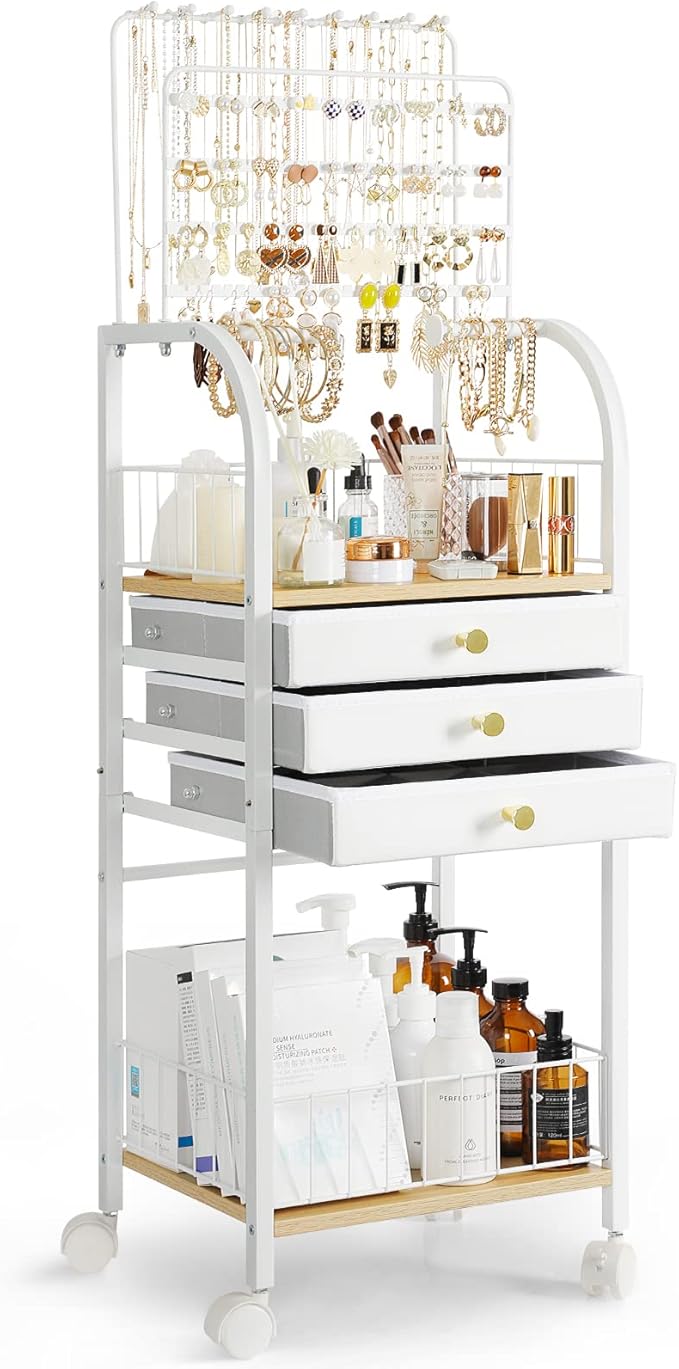 Keebofly Jewelry Organizer Stand with 3 Drawers, Large Necklace Holder & Earring Organizer Rack, Wooden Jewelry Tree Tower for Rings, Bracelets, Sunglasses and Skincare, Gift for Women, White