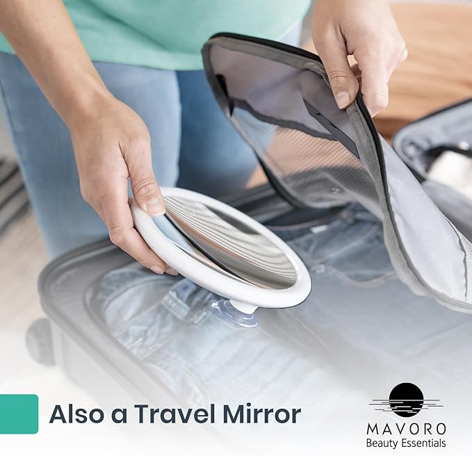 Mavoro 6.8" LED Magnifying Mirror with 3 Strong Suction Cups | 5X Magnification | Portable Lighted Travel Makeup & Cosmetic Mirror with Light (USB-C Rechargeable Built-in Battery | 5X)