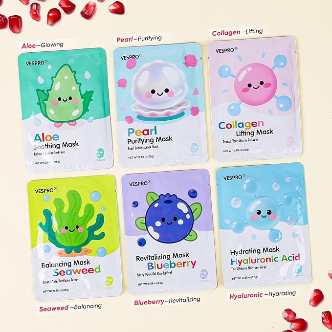 60 Pack Bulk Collagen Facial Masks, moisturizing & Hydrating Face Masks for Women, Skin Care for All Skin Types, Stocking Stuffers, Christmas Gifts, Sleepover Party for Teen Girls(12 Types x 5 Pcs)