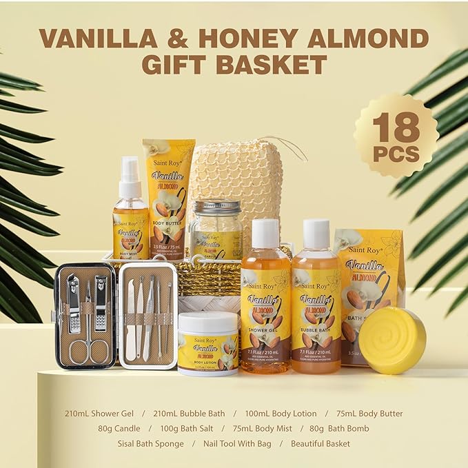 Valentines Day Gifts Spa bath baskets Luxury gifts, Christmas Gift for Women, Large basket 25 pcs for Women & Men Bath and Body Shower Bath Kit, Vanilla Honey Almond birthday box Mother's Day
