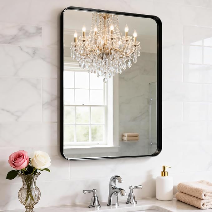 Black Bathroom Mirror for Wall, 24" x 30" Metal Framed Mirror, Rounded Rectangle Bathroom Mirrors, Black Bathroom Mirrors for Over Sink,Tempered Glass, Anti-Rust