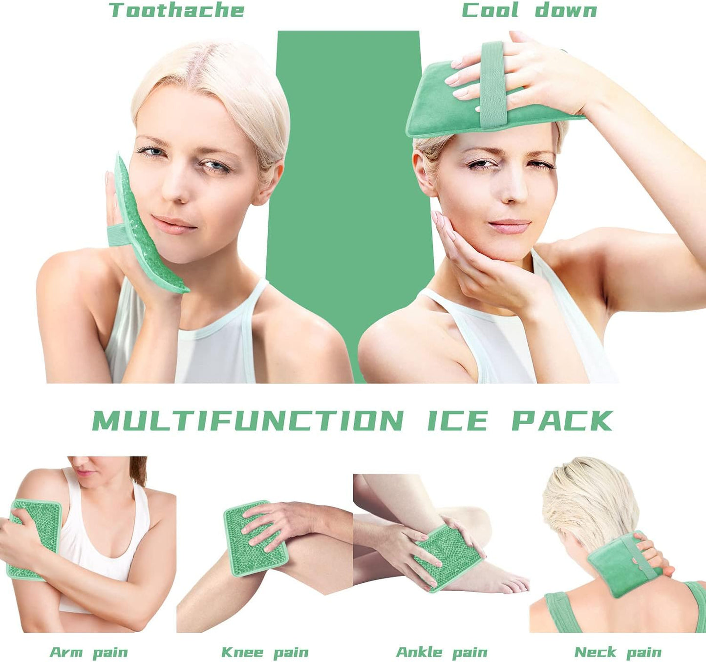 Gel Beads Ice Pack Ice Bag with Strap-Reusable Hot & Cold Pack Compress Therapy for Pain, Swelling,Injuries of Knee, Shoulder, Foot, Back, Ankle, Neck, Hip, Elbow,Wisdom Tooth (1 pcs.Green)
