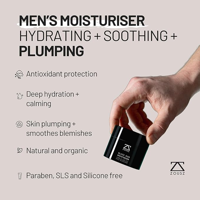 ZOUSZ Black Oud Mens Face Moisturizer – Hydrating & Soothing Mens Face Lotion with Aloe Vera & Hyaluronic Acid – Plumping Daily Facial Cream Skin Care for Men – 50ml