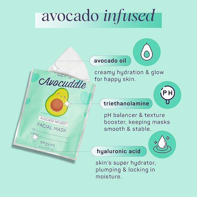 SpaLife Let’s Avocuddle & You're My Jam Valentines Face Masks Bundle | Avocado and Strawberry Extract Infused Sheet Mask Sets for Hydration and Glow | Perfect Valentines Day Skincare Gift Set.