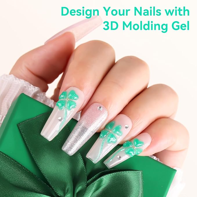 Makartt 3D Gel Nail Art- 3D Nail Gel Sculpting Gel for Nail Designs 15ml 3 in 1 No Wipe Polish for Drawing Carving Nails Molding Gels for Nail Decoration Charms- Tinsel Green