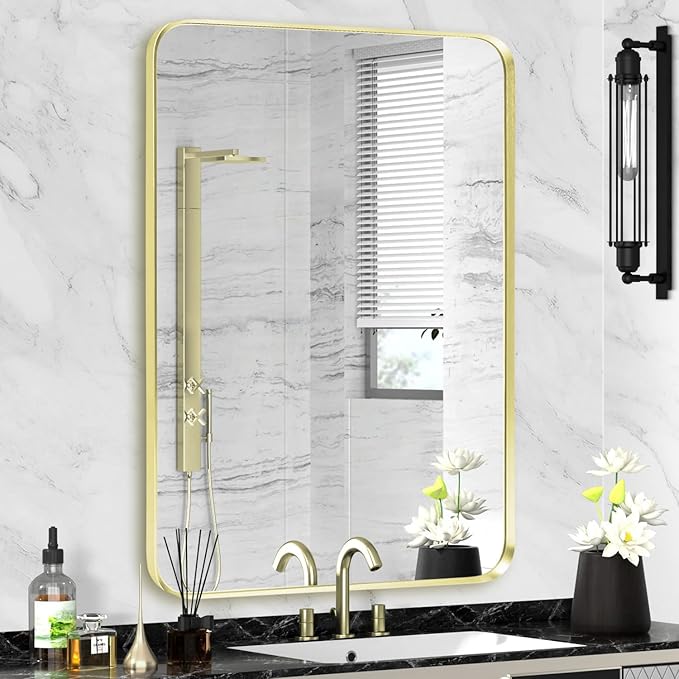 Gold Framed Bathroom Mirror, Brushed Gold Bathroom Vanity Wall Mirror, Rounded Rectangle Gold Frame Mirror, Tempered Glass, Anti-Rust, Hangs Horizontally or Vertically (24" x 32", Gold)
