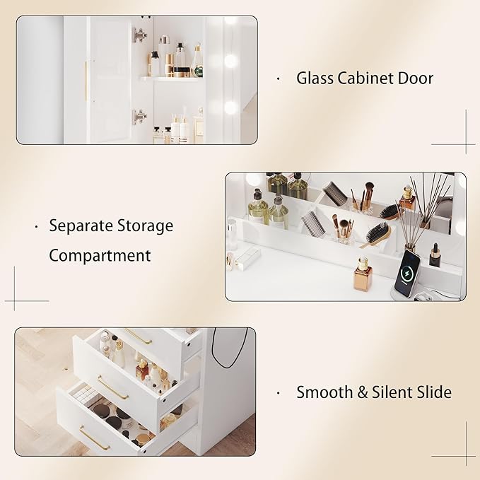 Makeup Vanity Desk with Mirror and Lights, 51" Makeup Vanity with Lights & Charging Station, Dressing Table Vanity Set for Bedroom, White Vanity Table with Cushioned Stool, 6 Drawers and 3 Cabinet