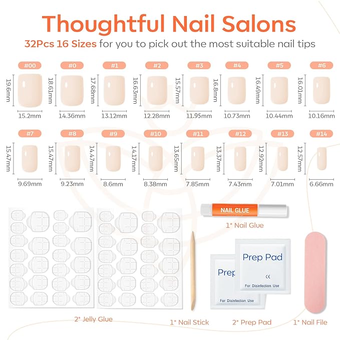 Modelones White Press on Nails, Short Square Fake Nails, Reusable Nail Kit with Nail Glue Adhesive Tabs Mini Nail File, Valentines Nails Press Ons 32Pcs16 Sizes, Women Girl Gift