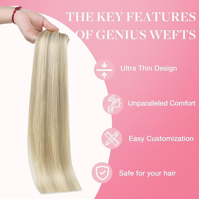 GOO GOO Genius Human Hair Extensions - Sew In Remy Weft, 17A/60A Ash Blonde Highlighted Platinum Blonde, 18 Inch 100g, Hand Tied