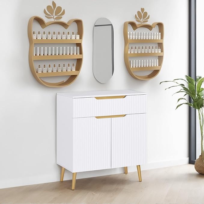 BarberPub Barber Station with Drawer & Cabinet, Beauty Salon White Storage Organizer with Concave Fluted Wall, Modern SPA Freestanding Equipment 3196 (White)