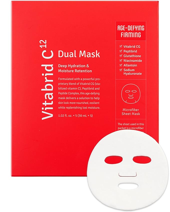 Dual Mask Korean Face Mask for Anti Aging, Firming, Hydrating, Nourishing with Highly Concentrated Peptide, Vitamin C Essence - Hypoallergenic Microfiber Sheet, 1.02 fl.oz. 5 Sheets