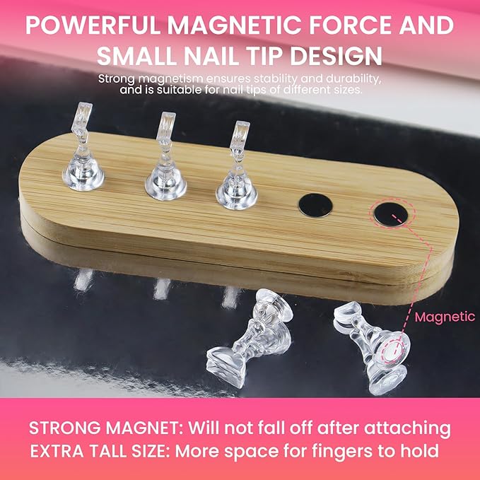 Wooden Stand for Nails Art Display Practice 2 Set, 1 Heart Shaped Acrylic Magnetic Nail Stand, Fake Nail Holder with 200 Pieces Double-sided Tape, For Home DIY Salon Supplies (Wood, Large)