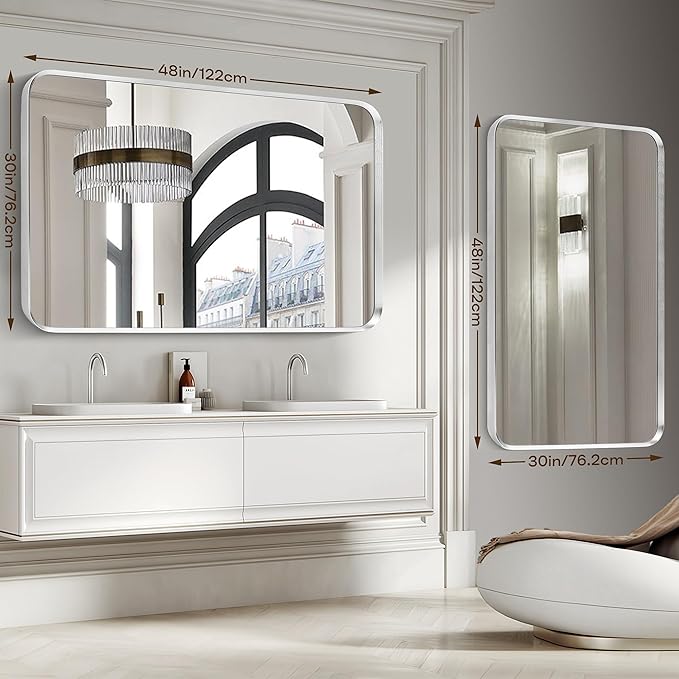 Brushed Nickel Bathroom Wall Mirror, Silver Metal Framed Large Rounded Corner Rectangle Mirror, Tempered Glass, Shatter Proof, Hangs Horizontally or Vertically (30" x 48", Silver)
