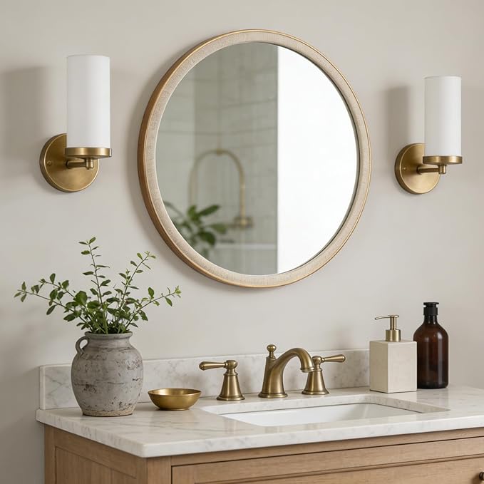 WallBeyond Round Mirror 28 Inch,Linen-Texture Circle Wall Mirror for Bathroom, Bedroom, Entryway, Living Room