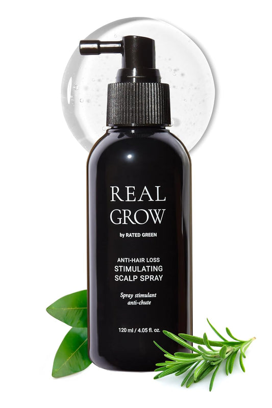 RATED GREEN REAL GROW Anti Hair Loss Stimulating Scalp Spray for Hair Growth, Korean Hair Care, Cold Brewed Organic Rosemary Water Spray for Thinning Hair, 6.06 Fl. Oz