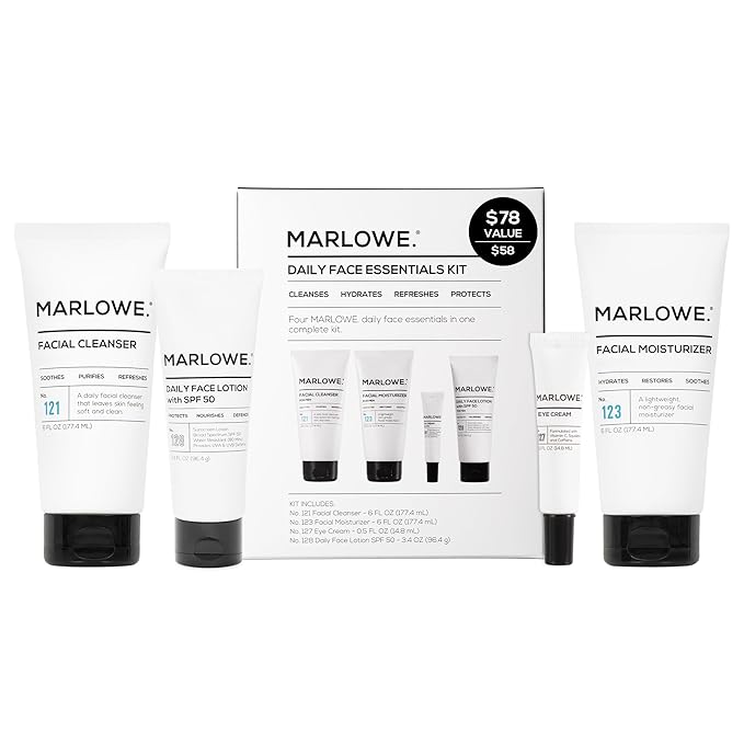 MARLOWE. Mens Skin Care Set, No. 204 Daily Essential Face Kit, No. 121 Facial Cleanser, No. 123 Facial Moisturizer, No. 127 Eye Cream, No. 128 Daily Face Lotion with SPF 50, Great Gift for Men