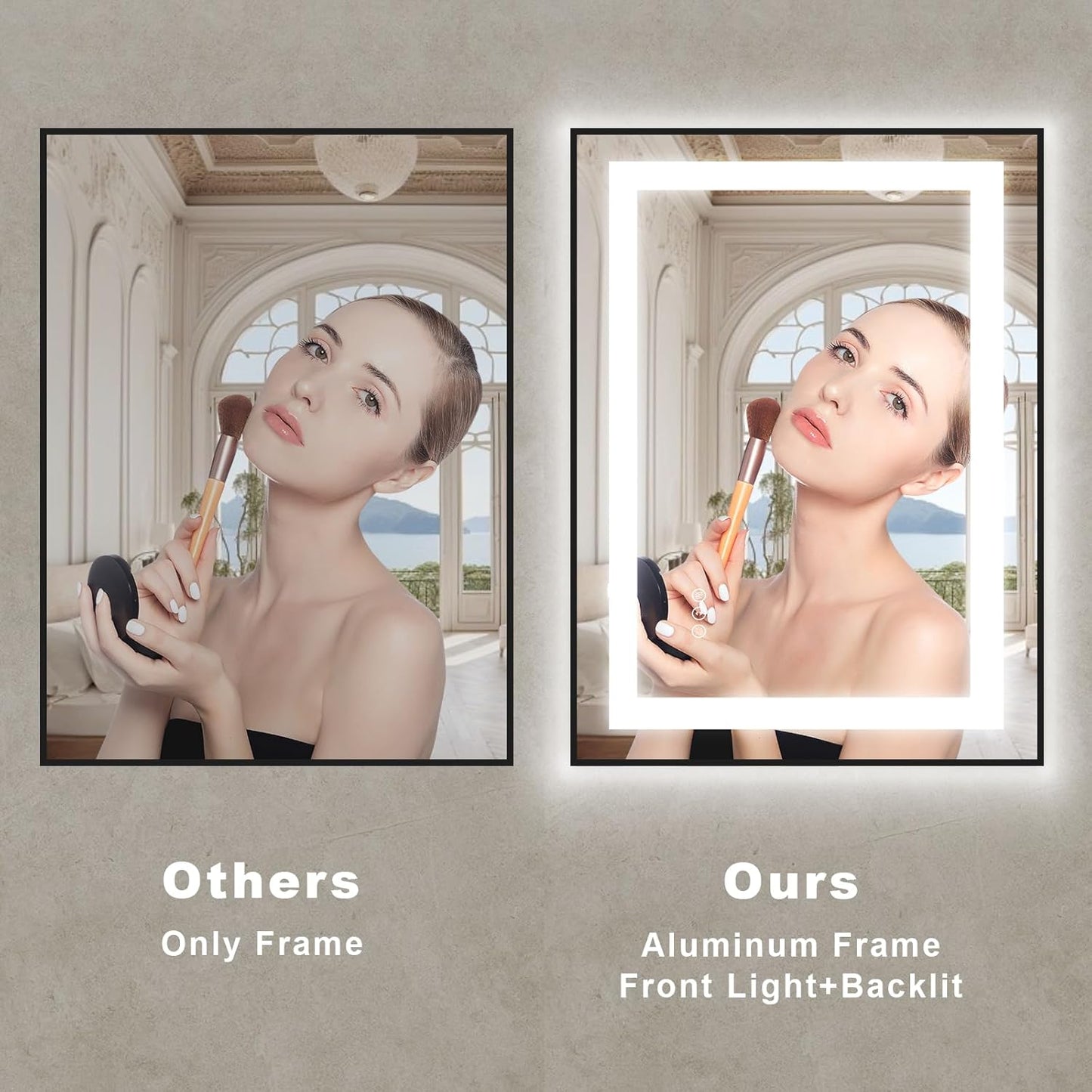 OKPAL 28x32 LED Bathroom Mirror with Lights, Black Lighted Mirrors for Bathroom Wall, Front and Backlit, Anti-Fog, Dimmable, Shatterproof, 3 Colors, Memory, Horizontal/Vertical