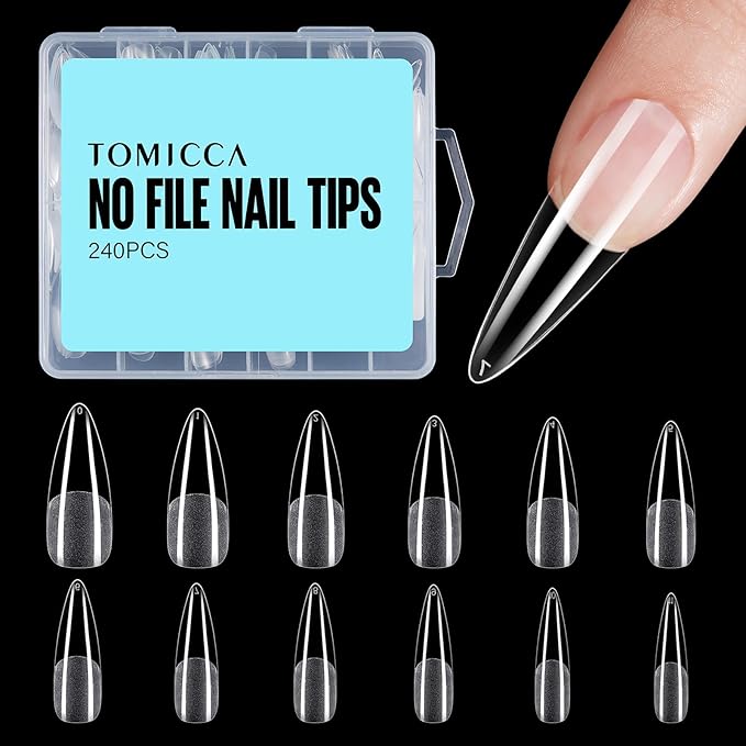 TOMICCA Long Stiletto Nail Tips 240Pcs Pre-Shape Long Almond Nail Tips Full Cover Gel Press On Nails Tips Stiletto For Nail Extension DIY Salon 12 Sizes