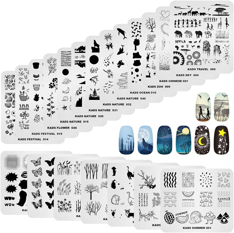 KADS 20pcs Nail Stamp Plates Set - Leaves, Flowers, Animal Nail Art Templates (20 Pcs)