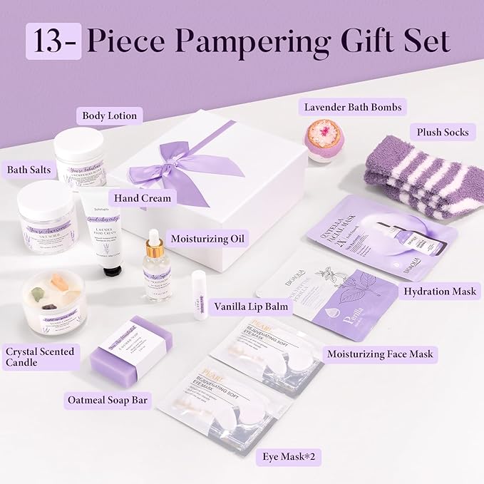 Spa Gifts for Women 13Pcs Mothers Day Gifts Happy Birthday Gift Baskets Christmas Relaxation Home Spa Kit Lavender Bath Set Self Care Package Thank You Box for Mom Her Sister Teacher Friends Purple