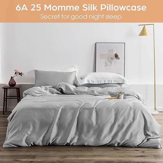 Silk Pillowcase for Hair and Skin, 2 Pack 100% Mulberry Silk Pillowcase 25 Momme, 600 Thread Count, Both Side Pure Silk Pillow Cover with Hidden Zipper (Gray, Standard 20''×26'')