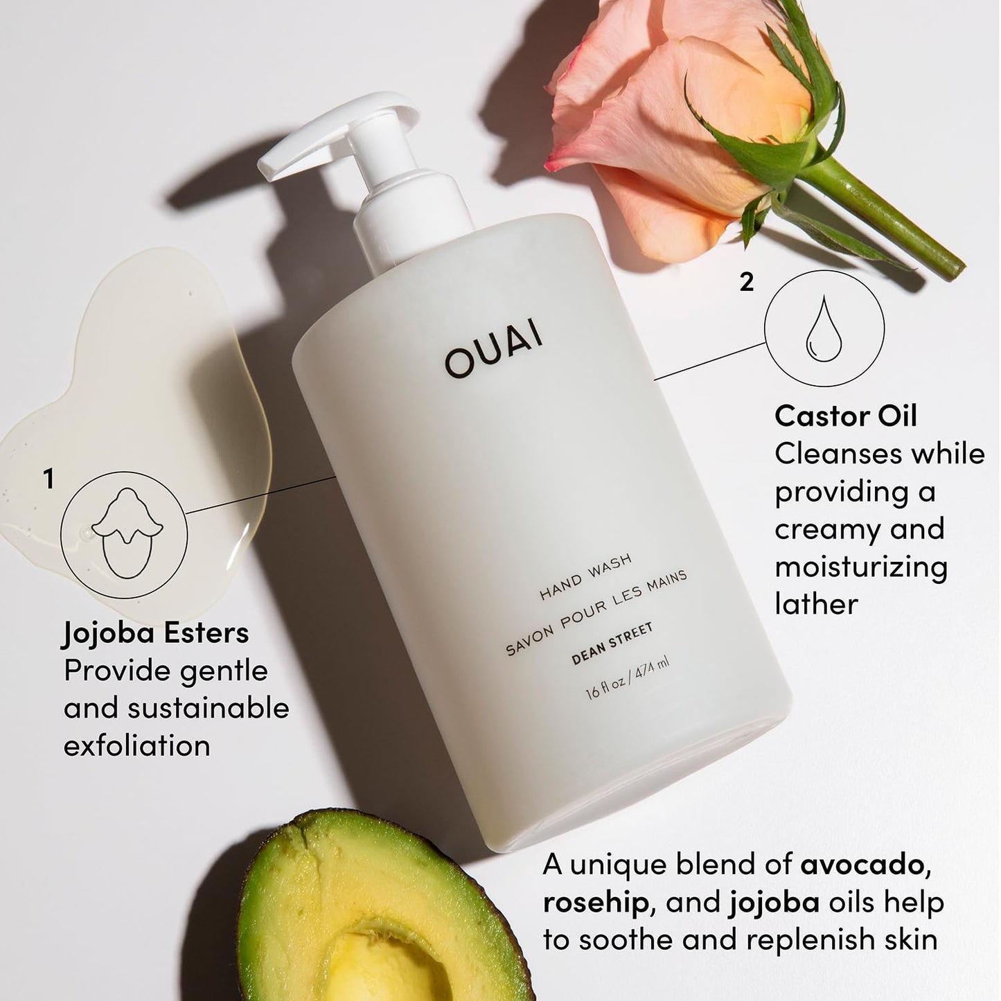 OUAI Hand Wash Full Size, Dean Street - Liquid Hand Soap with Jojoba, Avocado, & Rose Hip Oil for Replenished Skin - Gentle Exfoliating Kitchen & Bathroom Soap - (2 Pack, 16 Fl Oz Each)