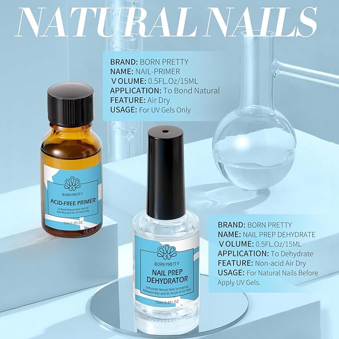 Born Pretty Nail Dehydrate and Primer, 15ml HEMA&TPO Free Dehydrator for Acrylic and Gel Nail Polish, Non Acid Primer for U V Gels, No Burn Fast Air Dry Nail Prep Dehydrator Set, 0.5oz