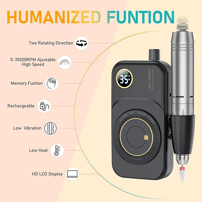 Portable Nail Drill Electric File: 35000RPM Professional Rechargeable Nail E File Machine,for Acrylic Nails Gel Polishing Removing, Cordless Efile with Bits Kit for Manicure Salon Home (White)