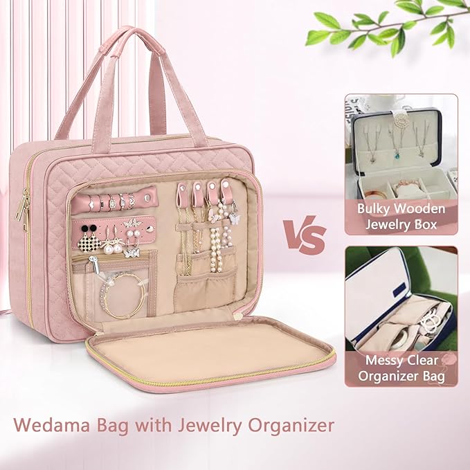 Wedama Toiletry Bag for Women, Hanging Travel Toiletry Bag with Jewelry Organizer Compartment Large Makeup Bag, PVC Waterproof Cosmetic Travel Bag for Travel Business Trips Camping Bathroom, Pink