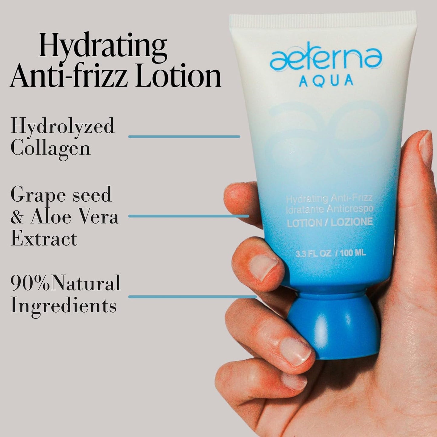 Aeterna Aqua Hydrating Anti-Frizz Hair Lotion | Frizz Ease, Deep Moisture & Color Protection - Vitamin E, Grape Seed & Collagen Infused, for All Hair Types - 100 ml