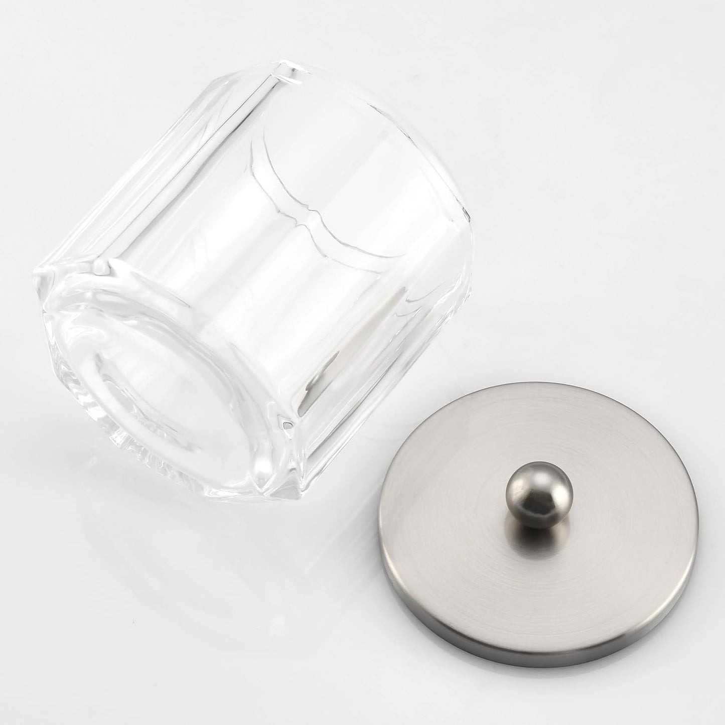 Home Glass Cotton Jar Holder Nickel Lid, Elegant Bathroom Storage Canister for Qtips, Cotton Balls, Floss, Makeup Organizer, Vanity Bathroom Organization